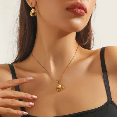 Vintage 18K Gold-plated Stainless Steel Fashionable Jewelry Set, Lapis Lazuli and Pearl Pendant Necklace, Heart-shaped Fan
