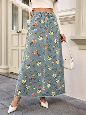 New Dwsign Women Washed a Line Long Skirt Floral Print Raw Hem Edge Elegant Casual Daily Maxi Skirt