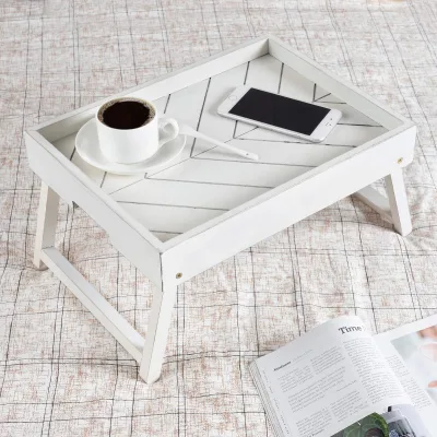 Portable Single Carved Bamboo Bed Tray Table Folding Legs Design Food Storage American Style Standing Type Home Office
