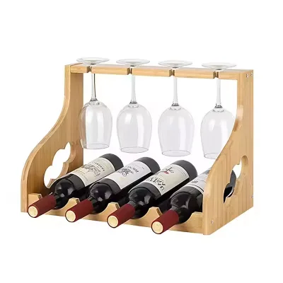 Custom Display Bamboo Wine Rack with Glass Holders Luxury Wine Bar Cabinet Wine Bottle Holder Display Rack