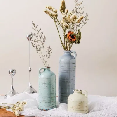 Modern Ceramic Three-Piece Vase Set with Ice Crack Pattern Handle Tabletop Vase Luxury Home Decoration Flower Container