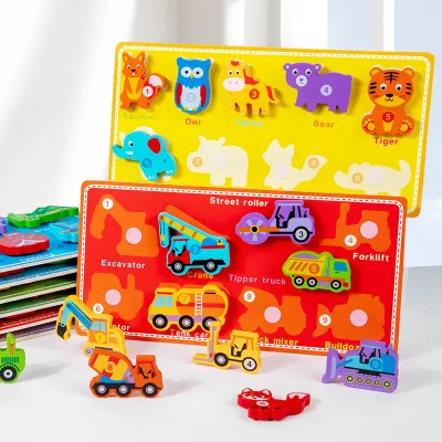 Popular Colorful Animal Vehicle Cognitive Toy Wooden Magic Sticker Tear and Pull Puzzle Board Multi Language Educational Toy