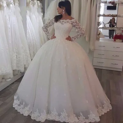 Custom Plus Size Wedding Gown Lace Embroidery off Shoulder Long Sleeve Slim Bridal Dress