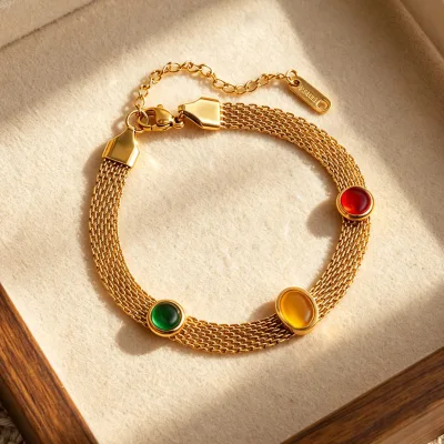 Trendy Multicolor Gemstone Mesh Bracelet Stainless Steel Gold Plated Woven Chain Oval Cat Eye Red Green Agate Charm Bracelet