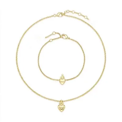 Gemnel 925 Silver 18K Gold Plated Delicate Heart Cross Pendant Necklace & Matching Adjustable Bracelet Sacred Heart Jewelry Sets