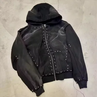 Hoodie Manufacture Custom Zipper Gemstone Glitter Sun Faded Embroidery Vintage Distressed Acid Wash Diamond Rhinestone Hoodie