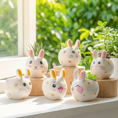 Nordic Countryside Farmhouse Easter Style Glazed Finish Eco-Friendly Handmade Ceramic Rabbit Flower Pot Garden Custom Mini Pot