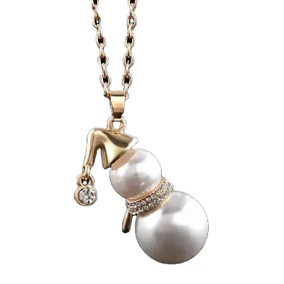 Women Gold Silver Color Simulated Pearl Necklace for Snowman Pendant Long Necklace Santa Claus Christmas Jewelry Gifts