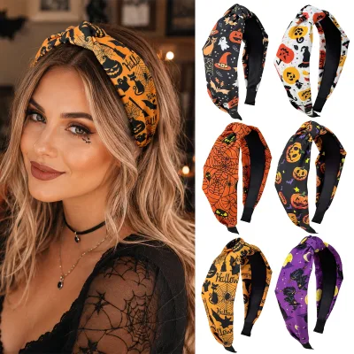 PDANY Funny Pumpkin Ghost Print Women Girls Headband Wide Edge Knot Hairband for Festival Paty Halloween Hair Accessory