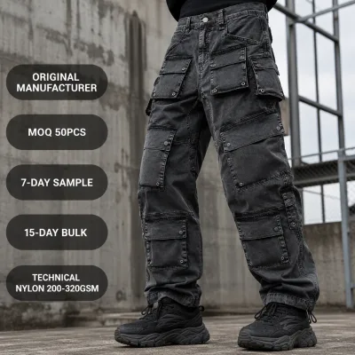 Custom Black Acid Wash Cotton 320GSM Utility Multi Pocket Snap Button Double Stitch Toggle Cuff Cargo Pants for Men