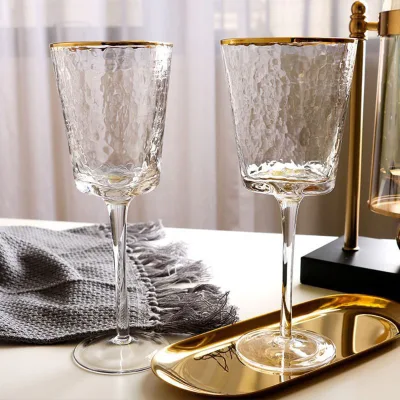 European Style New Colored Creative Red Wine Champagne Glass Gold Rim Clear Glass Goblet Cup 200ml 350ml