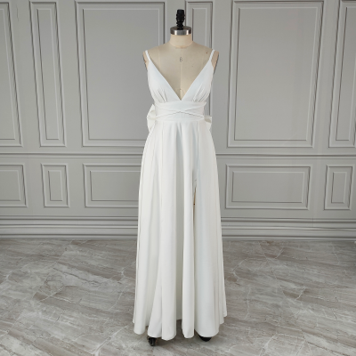 Real Photos Sexy High Split Soft Satin Wedding Bridal Gown Spaghetti Straps V Neck Backless Bow Bridal Dress Evening Dress