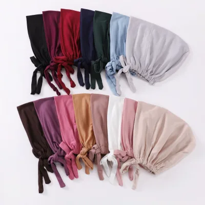2025 Adjustable Muslim Headscarves Breathable Jersey Viscose Inner Cap Solid Pattern Stretchy Tie Plain Colors Undercaps Hat