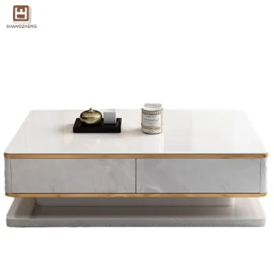 Modern Minimalist White Marble TV Cabinet with Golden Edge Design and Black Tray