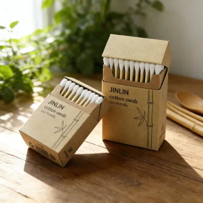 Biodegradable 50pcs Count Bamboo Stick Cotton Swab in Paper Cigarette Box for Cleaning
