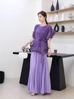 Pleated Chiffon, Regular Fit, Top and Skirt, Plain Colour, Women Set