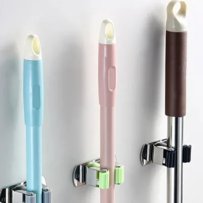 New 304 Stainless Steel Mop Broom Clip Holder Toilet No Punching Wall Mounted Black Hanging Hook Mop Holder with Hook