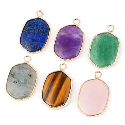 Wholesales Natural Rose Quartz Crystal Healing Stone Oval Pendant Necklace Gold-Plated Copper Trim for DIY Earring Accessories