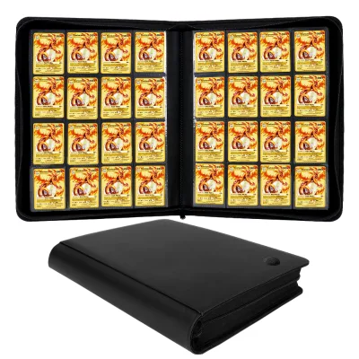 16-Pocket Leather Portfolio for TCG Trading Cards 1000+ Capacity YuGiOh  Side Load Album with Embossed Logo Black PU Cover