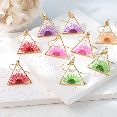 Unique Triangle Crystal Chrysanthemum Dried Flower Stainless Steel Stud Earrings 18K Gold Plated Bohemian Handmade Geometric