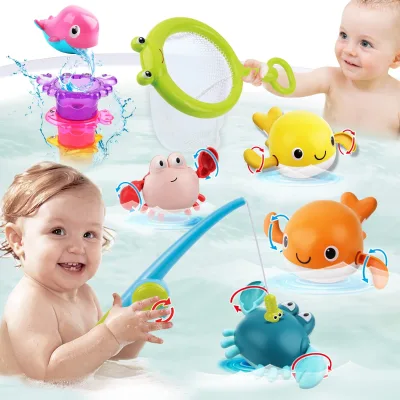 DWI DOWELLIN Bath Toy for Toddlers Bathtub Toy with Floating Mold Free Swimming Toys and Stacking Cups Magnetic Fishing Game