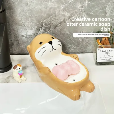 Cute Creative Cartoon Otter Ceramic Soap Dish with Drainage for Home Bathroom and Washbasin