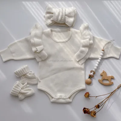 Newborn Girl Outfit Long Sleeves Cream Knitted Romper with Matching Bow Socks Set Double Ruffler Shoulder Flat Shades Playsuit