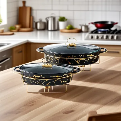 Modern Gold Marbling Luxury Ceramic Bakeware Oven Safety Customized Oval Baking Pan Set with Lid
