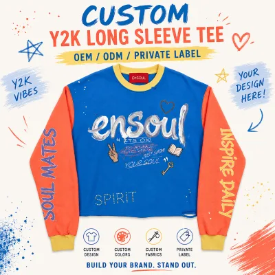 OEM/ODM Custom Vintage Contrast Color Raglan Long Sleeve Digital Graffiti Print Streetwear Cropped Rhinestones Unisex T-Shirts