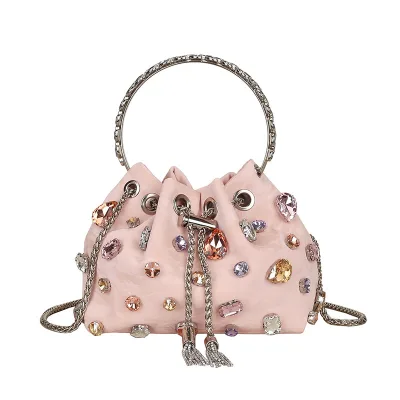 Cross-border Banquet Diamond Embellished Evening Bucket Bag with Drawstring Closure Elegant Crossbody Chain Shoulder Bag