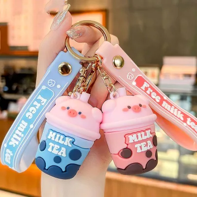 Soft Rubber Keychain Pvc 3d Animal Pig Cup Keychain Kawaii Boba Milk Tea Keychain Pendant Phone Straps Handbag Charms Key Chain