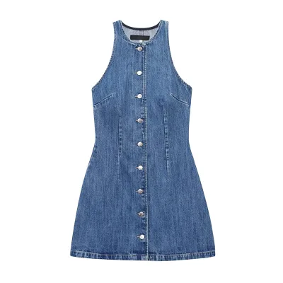 Spring Summer Wholesale Racerback Button Dress Jancoco Sleeveless Princess Mini Denim Dress for Women Daily