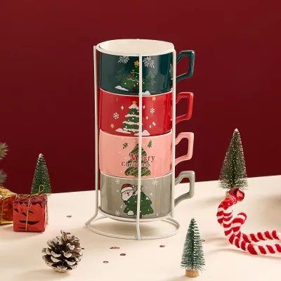 Modern Creative Christmas Ceramic Cup Set Four-Piece Household Stacking Water Milk Coffee Stand Ceramic Cup Christmas Design