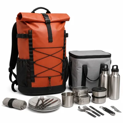 Roll Top Picnic Cooler Backpack Orange Waterproof Camping Set with Tableware Bottles Insulated Bag for Hiking Outdoor
