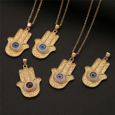 Delicate Jewelry Brass Gold Plated Eye Hamsa Hand Pendant Necklace for Women