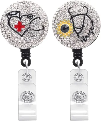 Crystal Heart Nursing Badge Reel Acrylic Retractable Id Card Badge Holder With Clip for Doctor Nurse Teacher Office Worker