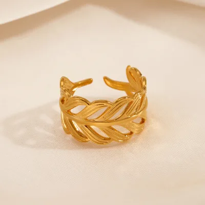European and American Fashion Trendy Leaf Ring, Hip-hop Hollow-out Popular Open-adjustable Real Gold-plated Ring for Women