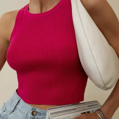 Custom Made Womens Sleeveless Crop Top O Neck Casual Basic Cotton Ribbed Fitted Tank Top