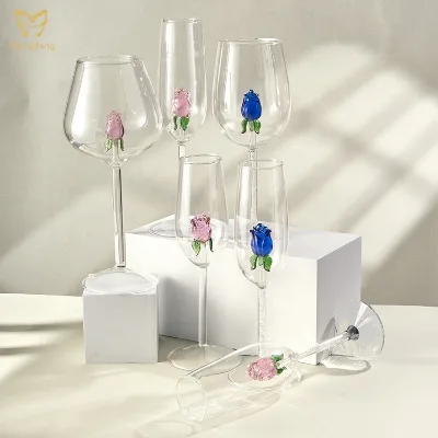 Novel Champagne Flutes Crystal Glasses  Wine Glass With Pink Rose Flower Glass Rose Champagne Glasses