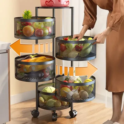 Rotating Storage Rack Basket Kitchen Shelf Round Rotating Breathable Vegetable Storage Rack Folding Storage Trolley Cart