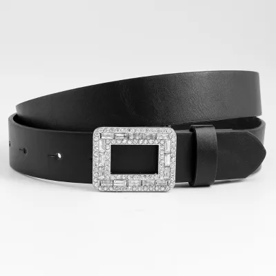 Western Style Womens Fashion Black Water Diamond Rhinestone Leather Belts Crystals square Buckle Belt
