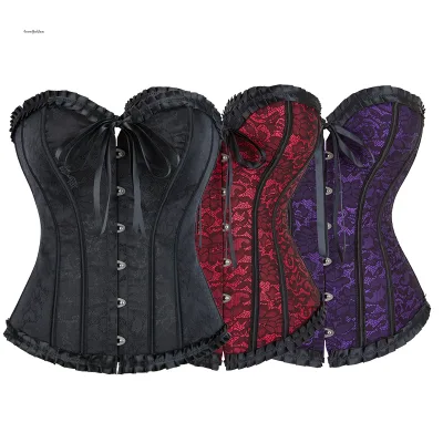Women Red Corset Ruffled Lavender Corset With Black Lace Overlay Overbust Sexy Bustier Bodyshaper Top