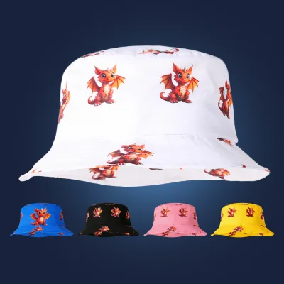Bulk Custom Logo Summer Sun Protection Lightweight Quick-Dry Kids Cartoon Dragon Print Outdoor Bucket Hat