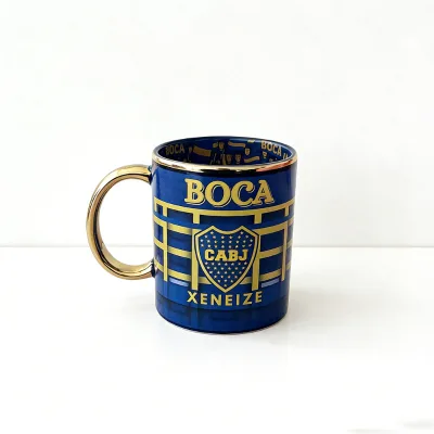 Boca Juniors Blue Gold Ceramic Mug Gold Handle La Bombonera Stadium Design Customizable Sports Drinkware Football Fan Gift Cup