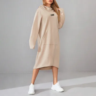 F230731 Custom Logo Women's Oversized Pullover Sweatshirt Long Sleeve Split Hem Hoodie Dress With Kangaroo Pocket