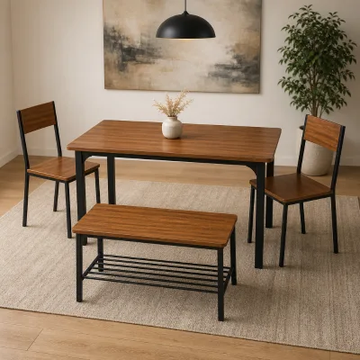 Wood Dinner Table with 2 Chairs & Storage Bench Black Metal Frame Dining Furniture for Home Kitchen