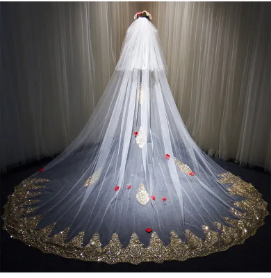 2025 Shimmering Gold Lace Wedding Veil with Long Train 2 Layer Ethereal Bohemian Bridal Veil Forest Fairy Wedding Accessories