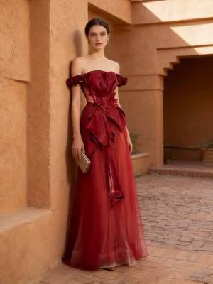 Ruolai LWR6559 Wine Red Light Luxury Off Shoulder Organza Pleat with Appliques Floor-Length Evening Dress