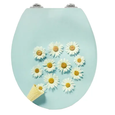 Bofan Modern Design Elongated Toilet Seat PU Coated Anti-Bacteria Anti-Slip Top Mounted Soft Close Plastic Hinge Daisy Print for