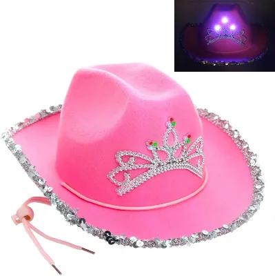 Adult Child Girls LED Light up Pink Princess Tiara Felt Cowboy Cowgirl Hat Dress up Costume Accessories